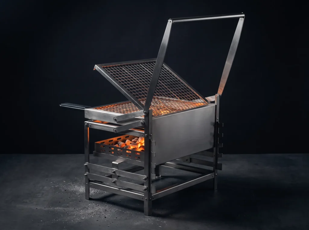 F1 charcoal grill with the flip frame raised over a tray of lit coals